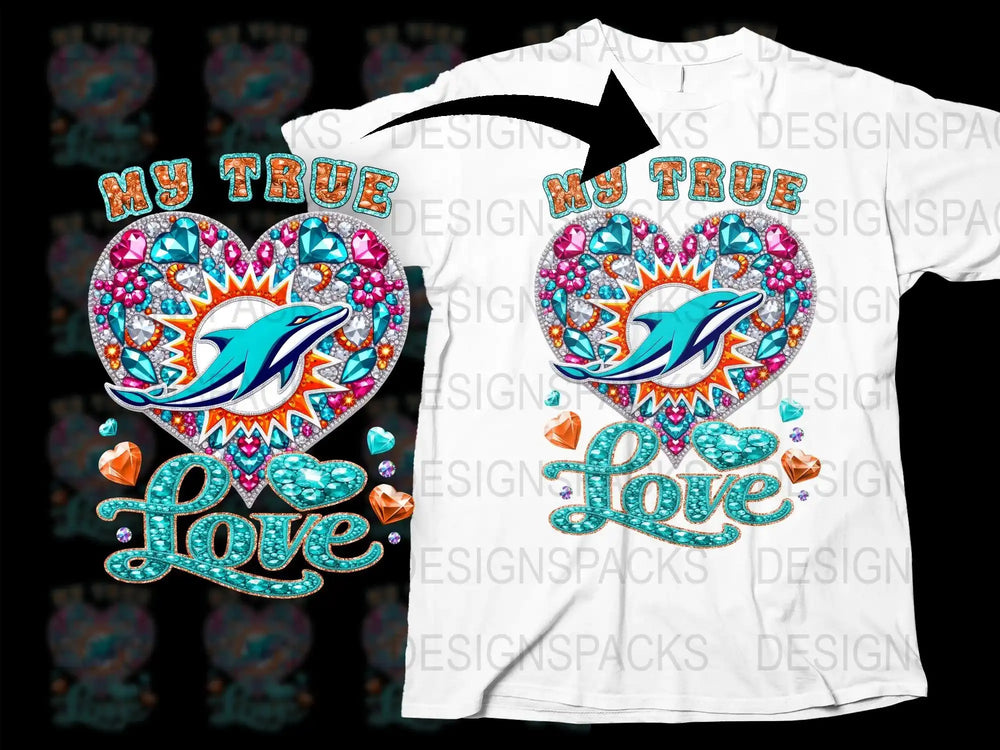 My True Love dolphin heart design with gemstones for t-shirt printing