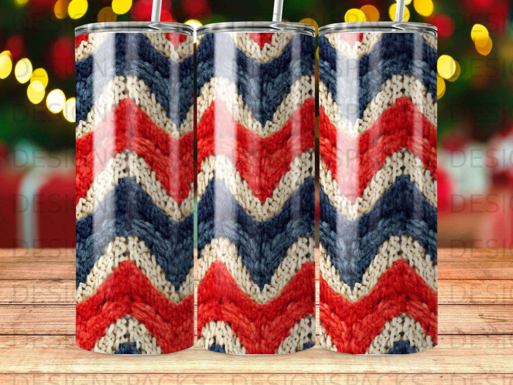 Chevron knit pattern tumbler with red, white, and blue stripes.
