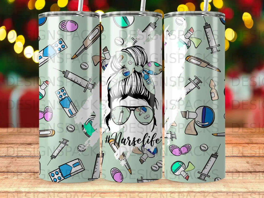 Tumbler with nurse-themed pattern, including syringes, stethoscopes, and "Nurselife" text.
