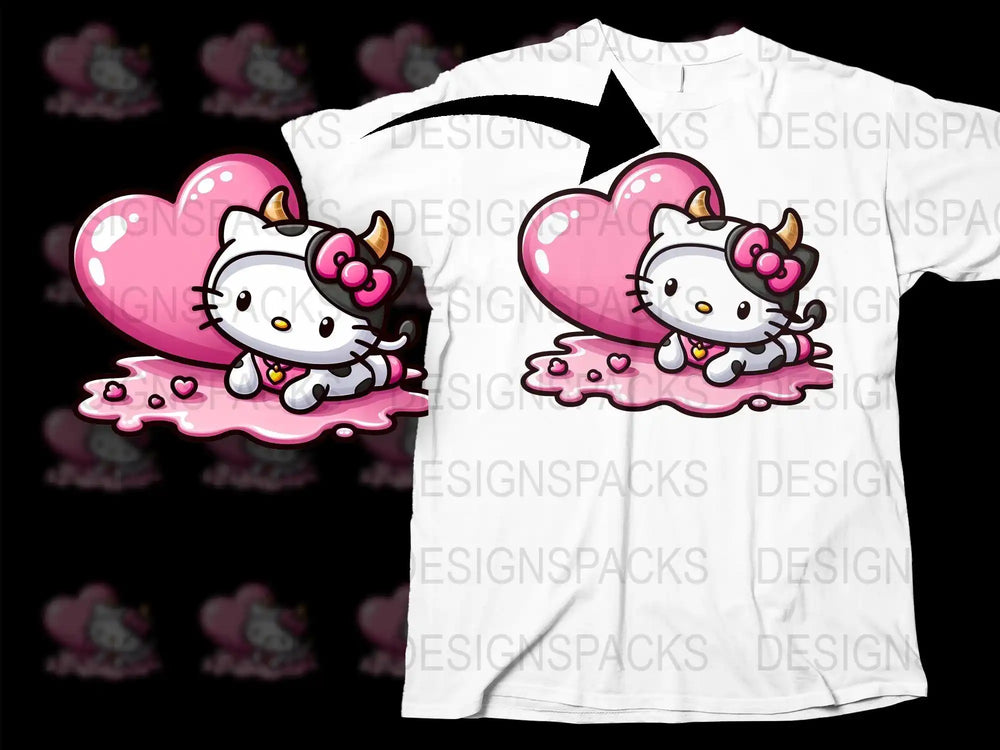 Cute Hello Kitty with pink heart and horns on white t-shirt, print-ready design