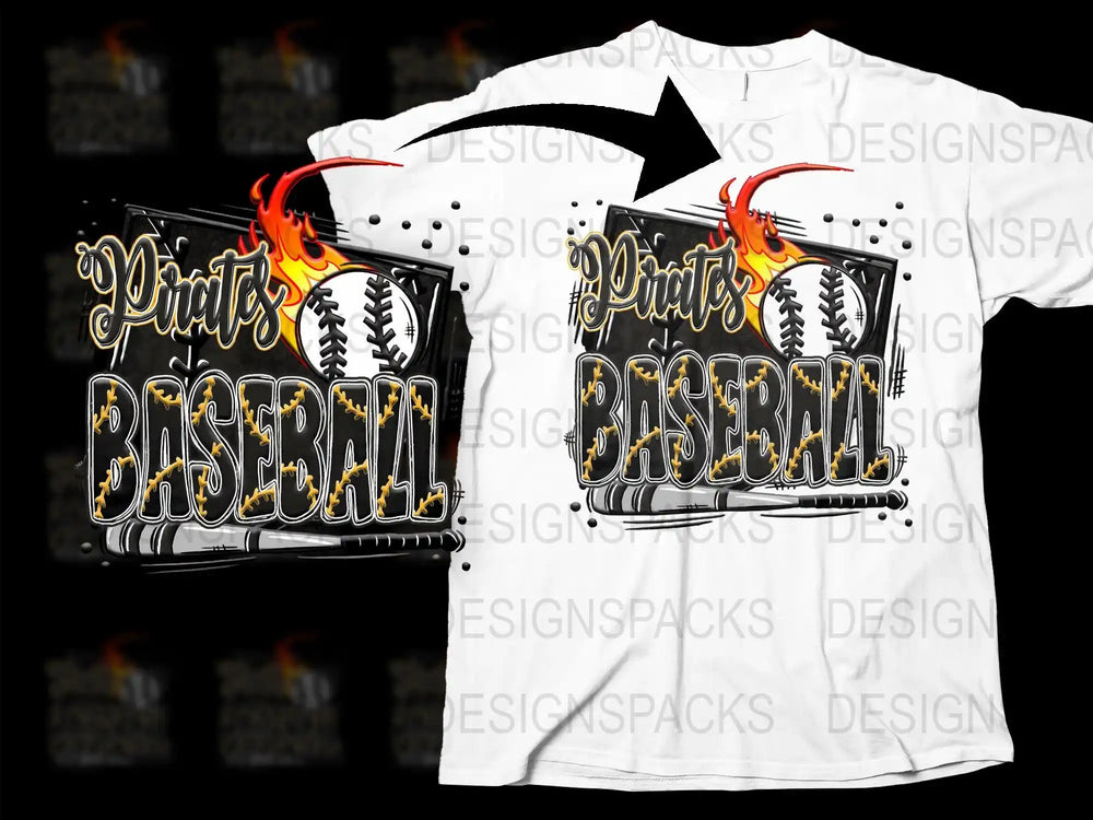 Pirates Baseball design with flames and stitching on white t-shirt, print-ready graphic