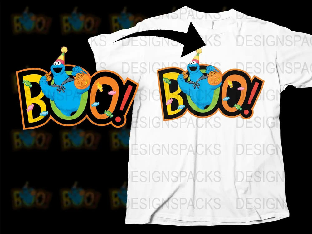 Boo! Halloween design with Cookie Monster on white t-shirt, print-ready for DTG/DTF