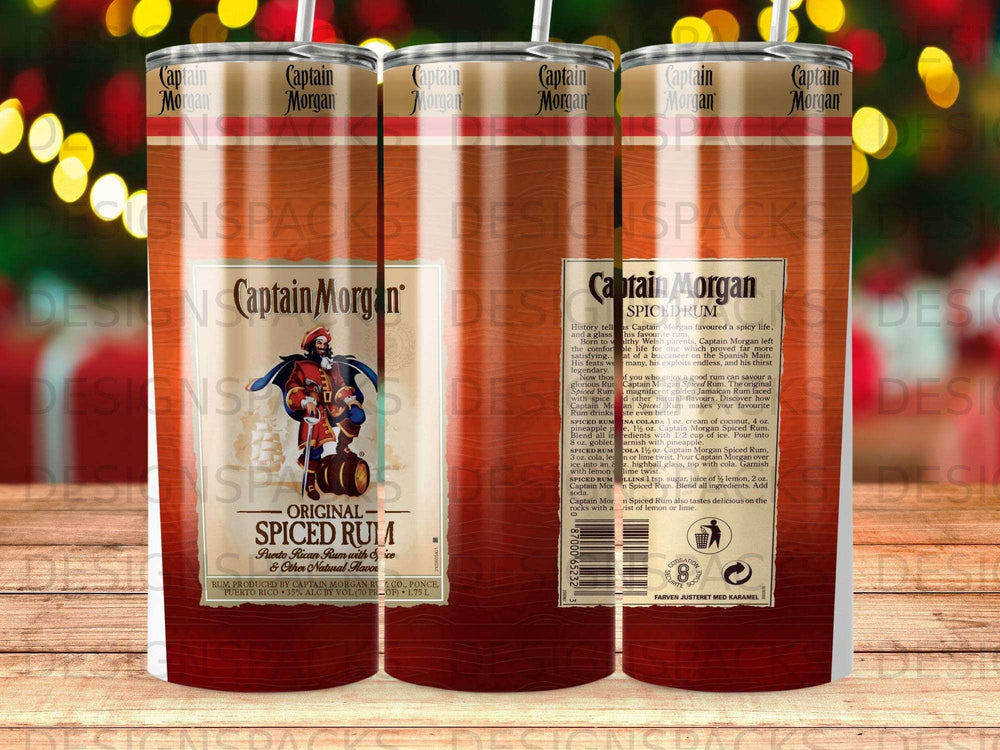 Captain Morgan Spiced Rum tumbler with a pirate ship design and text.