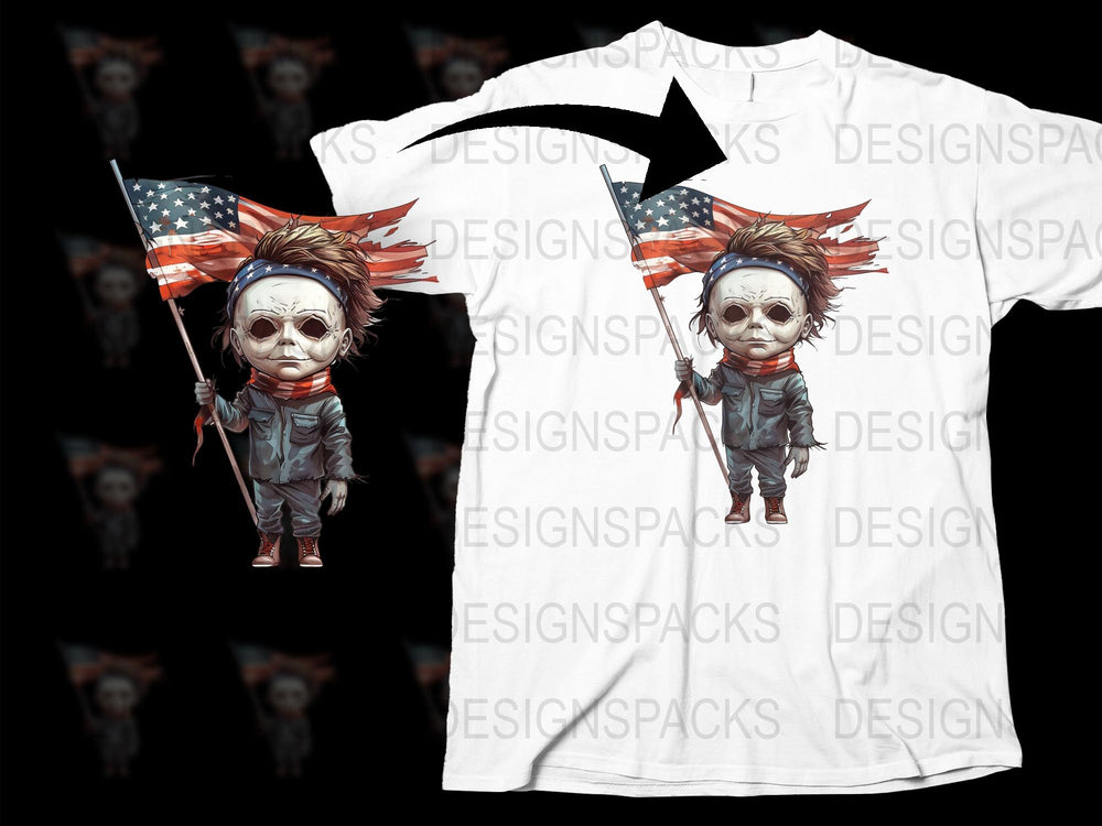 Patriotic Zombie Doll Graphic T-Shirt, American Flag, Unique Horror Apparel, Unisex Halloween Tee, Full Print Shirt