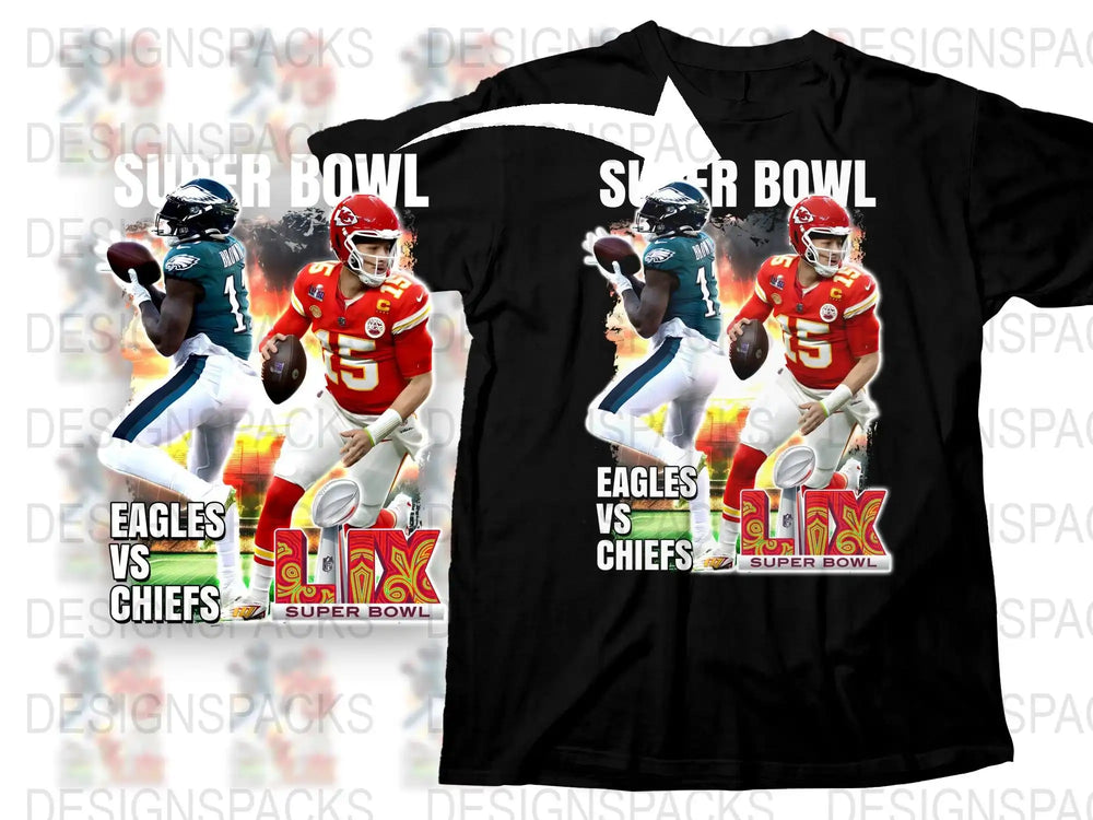Super Bowl LIX Eagles vs Chiefs football design on black T-shirt, print-ready graphic