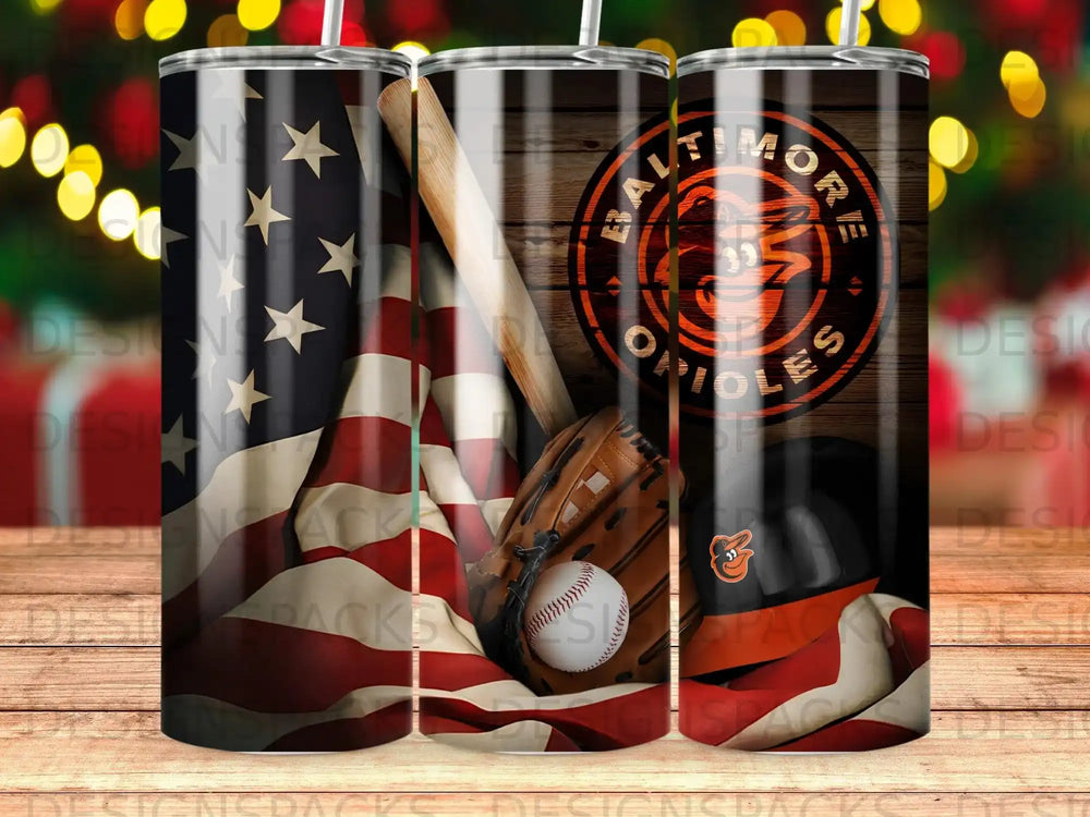 Baltimore Orioles baseball logo and American flag on a tumbler.