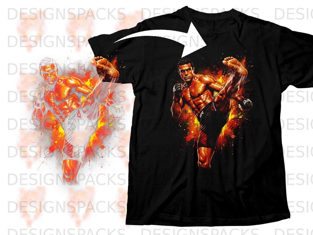 Black t-shirt with a martial artist performing a flying kick, surrounded by fiery graphics.