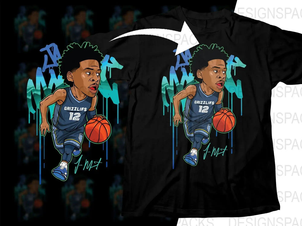 Basketball player in Grizzlies 12 jersey design on black t-shirt with vibrant graffiti art
