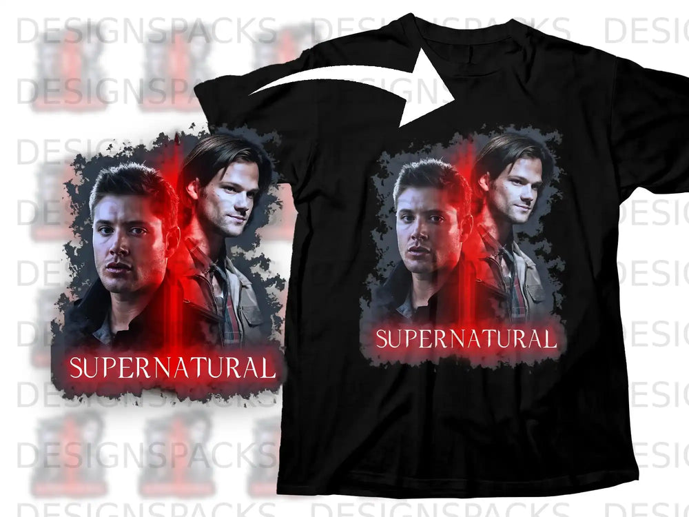 Black t-shirt featuring Supernatural logo and character portraits.