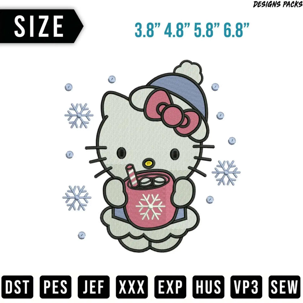 Hello Kitty with hot cocoa and snowflakes, available in multiple sizes.