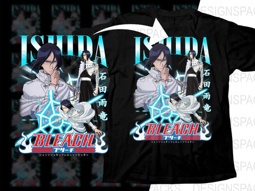 Bleach Ishida Quincy design t-shirt with anime character art and glowing blue accents