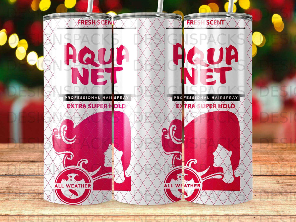 Aqua Net hairspray cans with "All Weather" and "Extra Super Hold" text.
