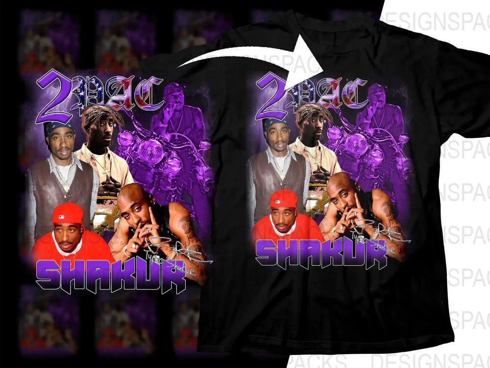 2Pac Shakur t-shirt design with purple motorcycle and signature graphics for DTG printing