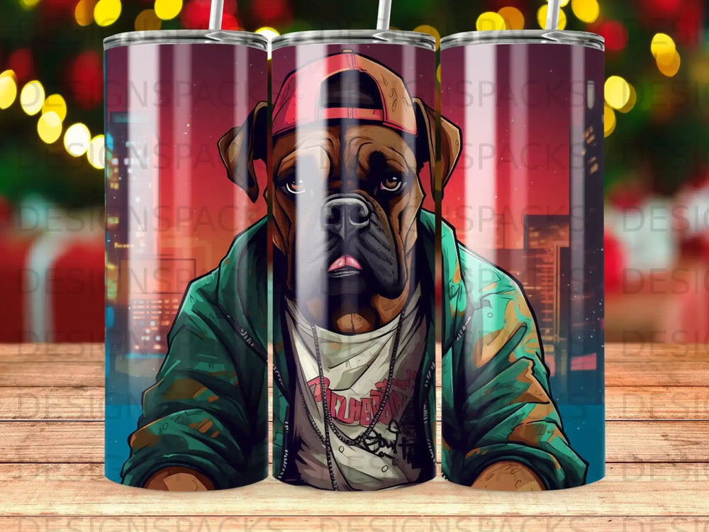 Boxer dog wearing a hoodie and baseball cap in front of city lights.