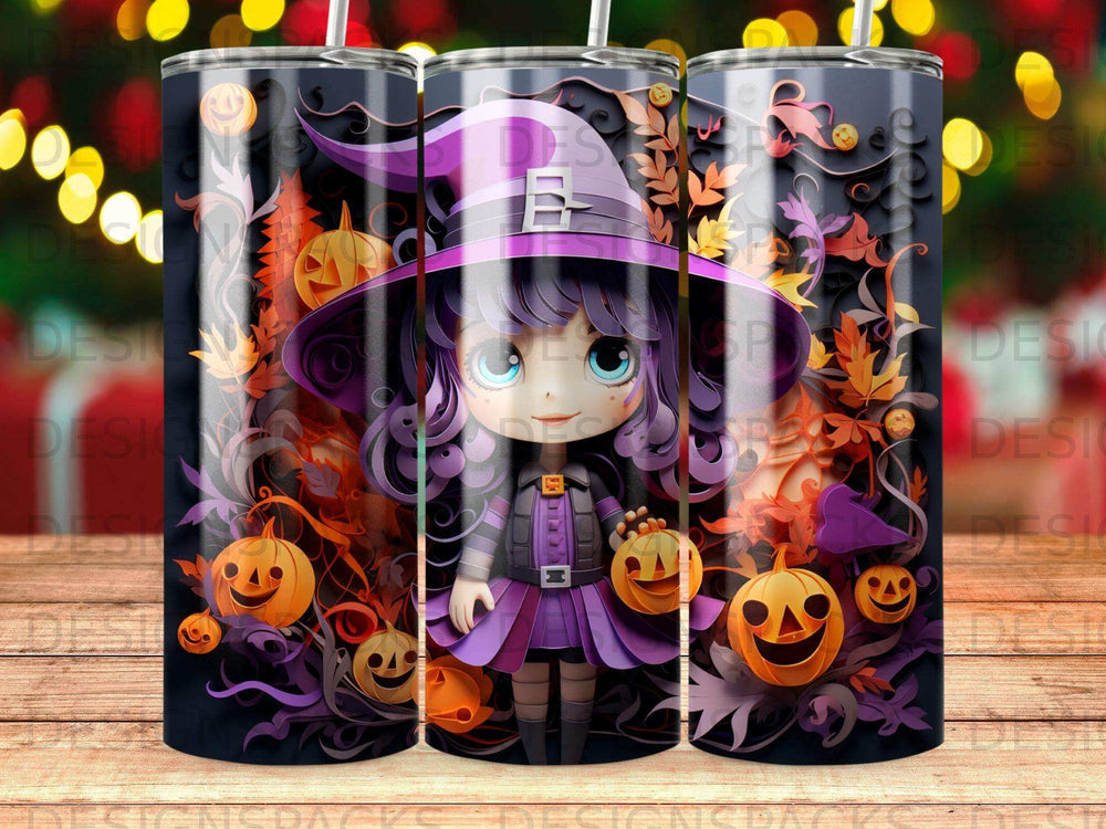 Cute witch with pumpkins and autumn leaves, detailed digital art.