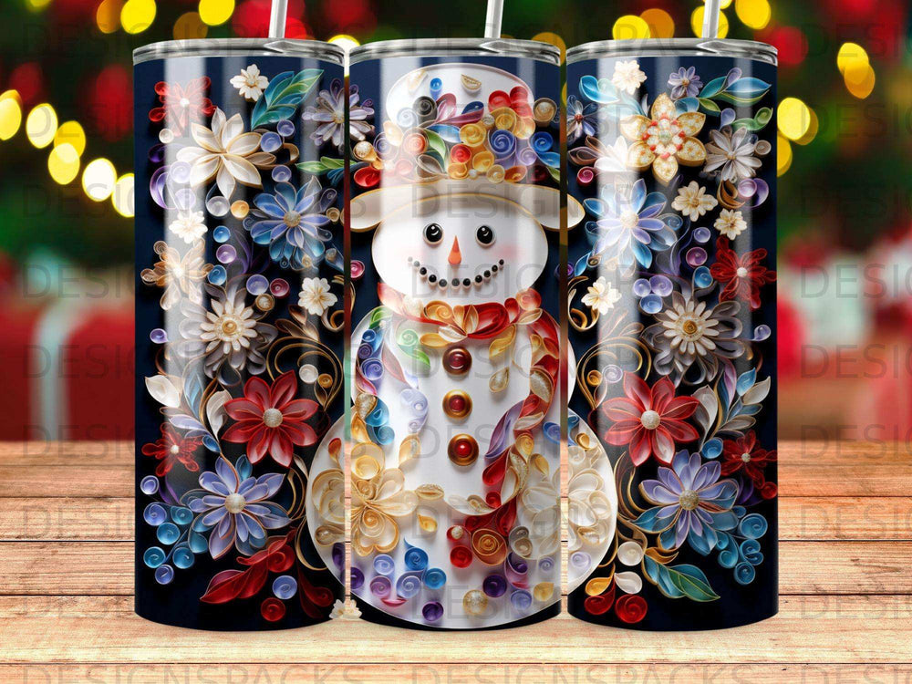 Tumbler with snowman adorned with colorful flowers and floral scrollwork.