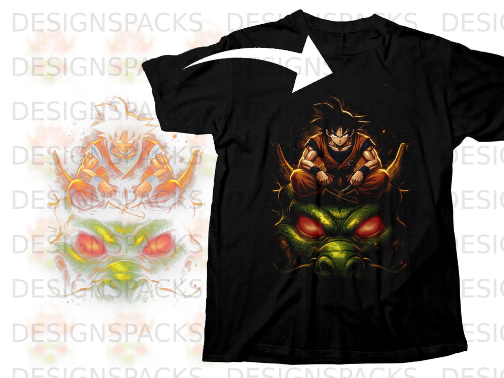 Black t-shirt with Goku sitting on a dragon's head, illustration.