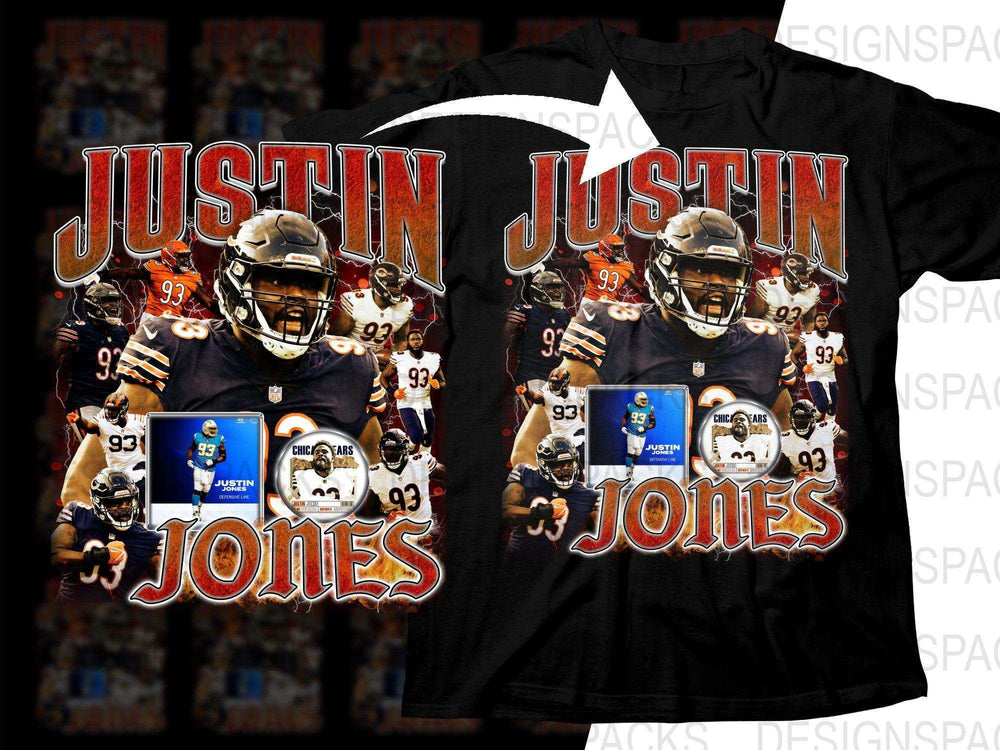 Justin Jones football design for DTF/DTG t-shirt with bold graphics and team imagery