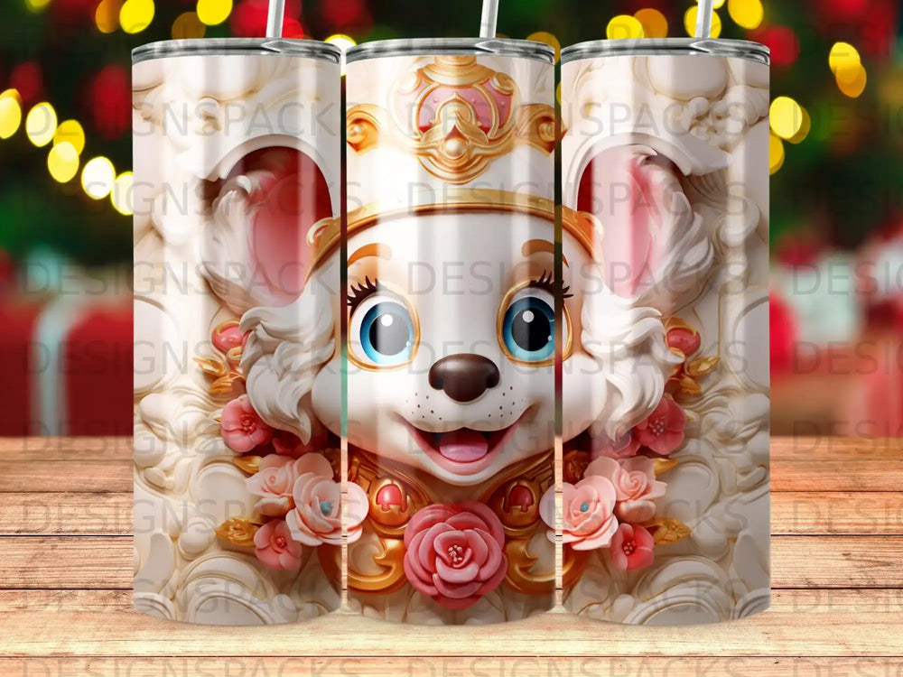 White dog character wearing a crown and flower collar.