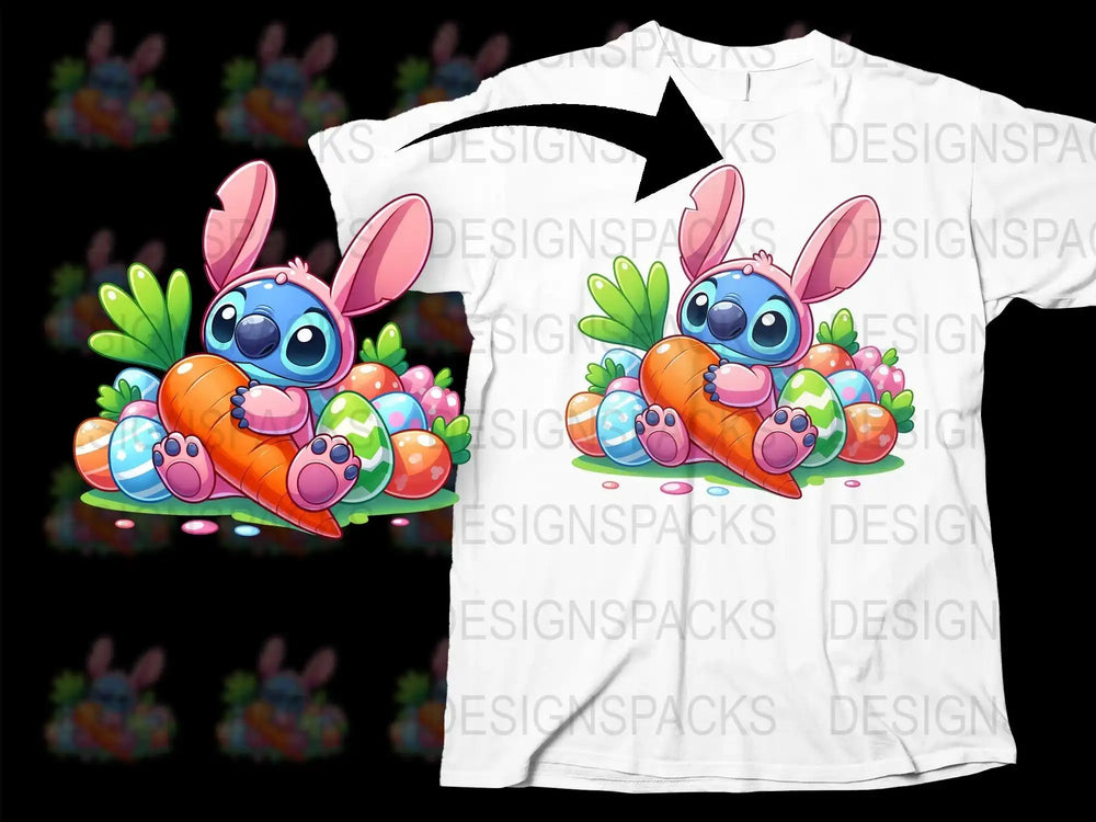 Easter-themed Stitch bunny design with carrots and eggs, perfect for t-shirts and print-on-demand