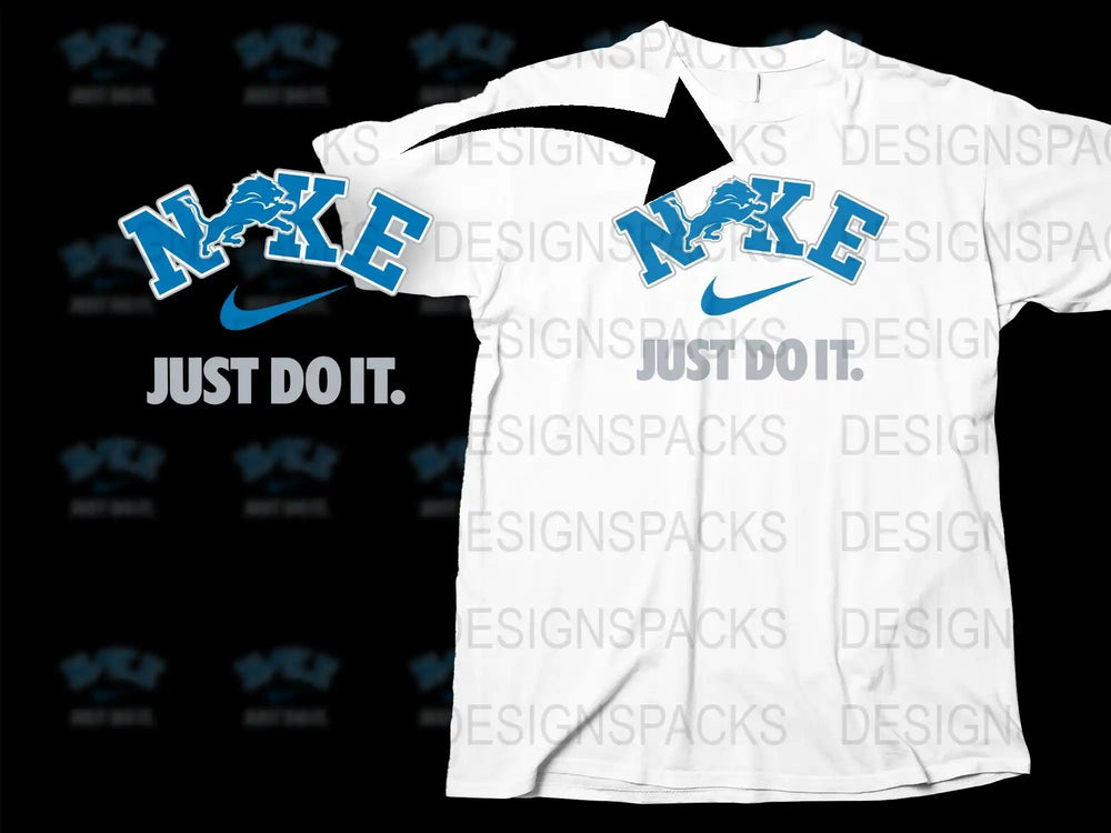 White t-shirt with blue 'NIKE' logo and 'Just Do It' slogan, print-ready design for DTG/DTF.