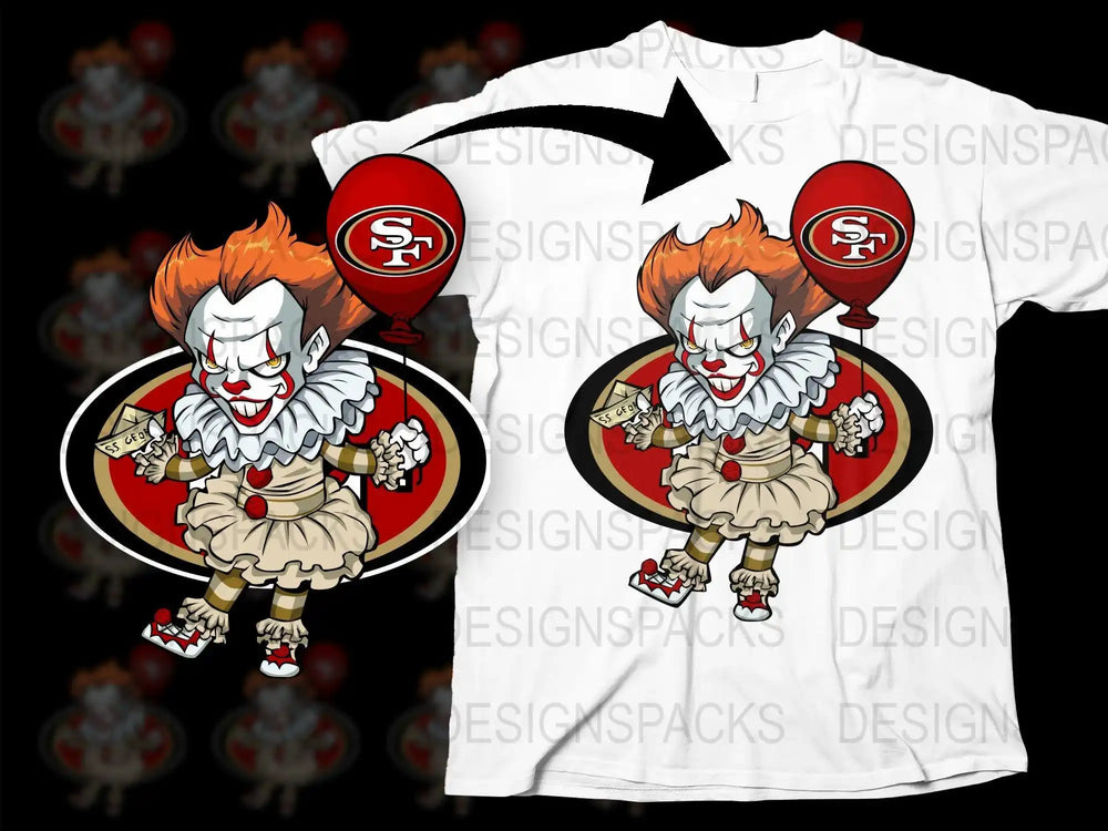Scary clown with SF 49ers balloon on white t-shirt design