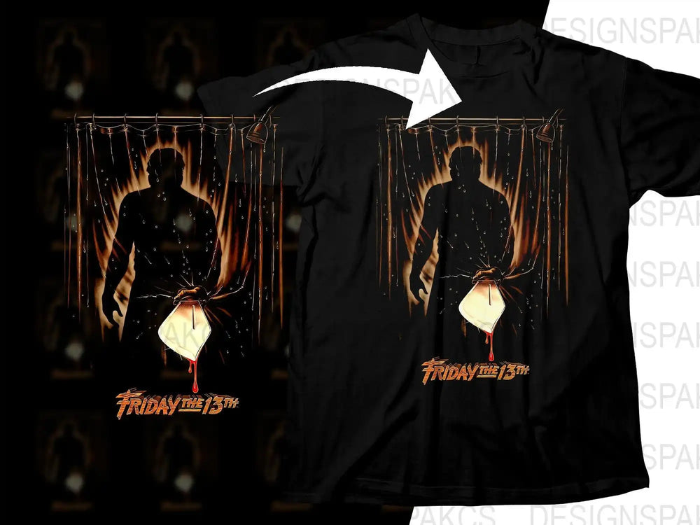 Friday the 13th horror t-shirt design with shower scene and blood drip, print-ready graphic
