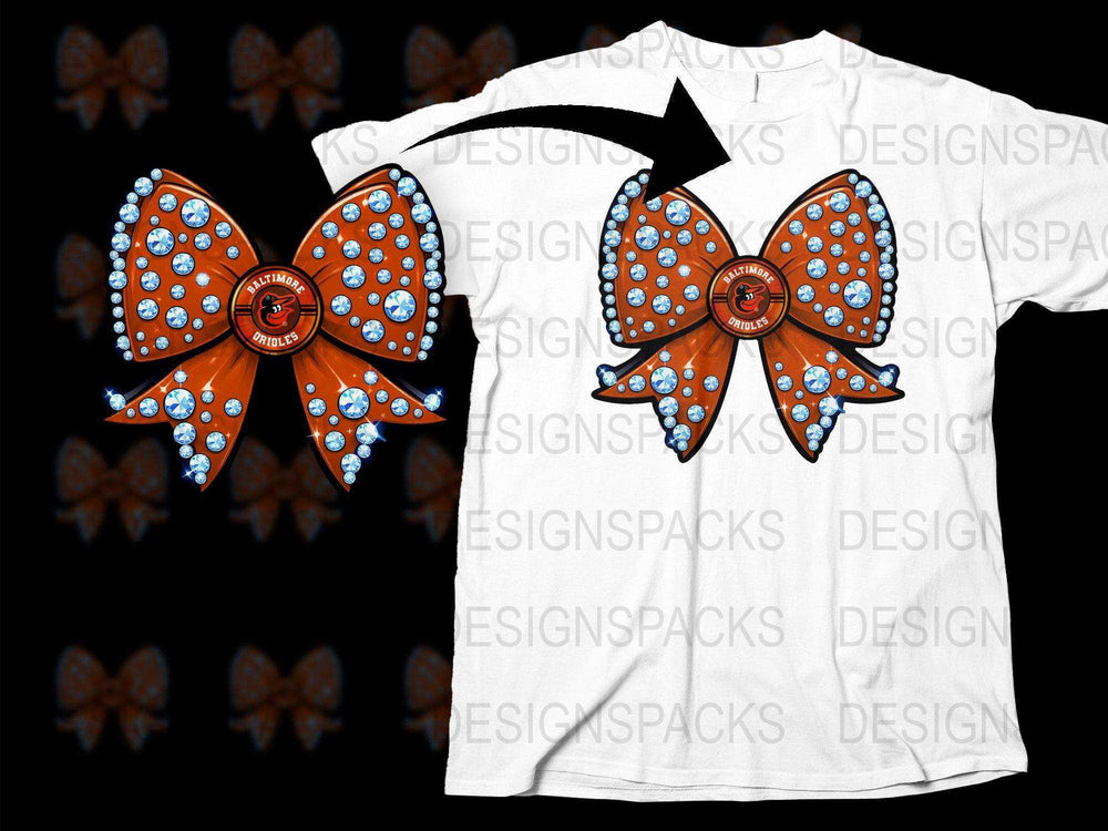 Baltimore Orioles bling bow design for t-shirts, print-ready DTF/DTG graphic with rhinestone effect