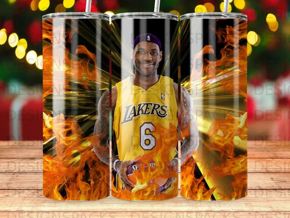LeBron James in Lakers jersey holding a basketball, surrounded by flames.