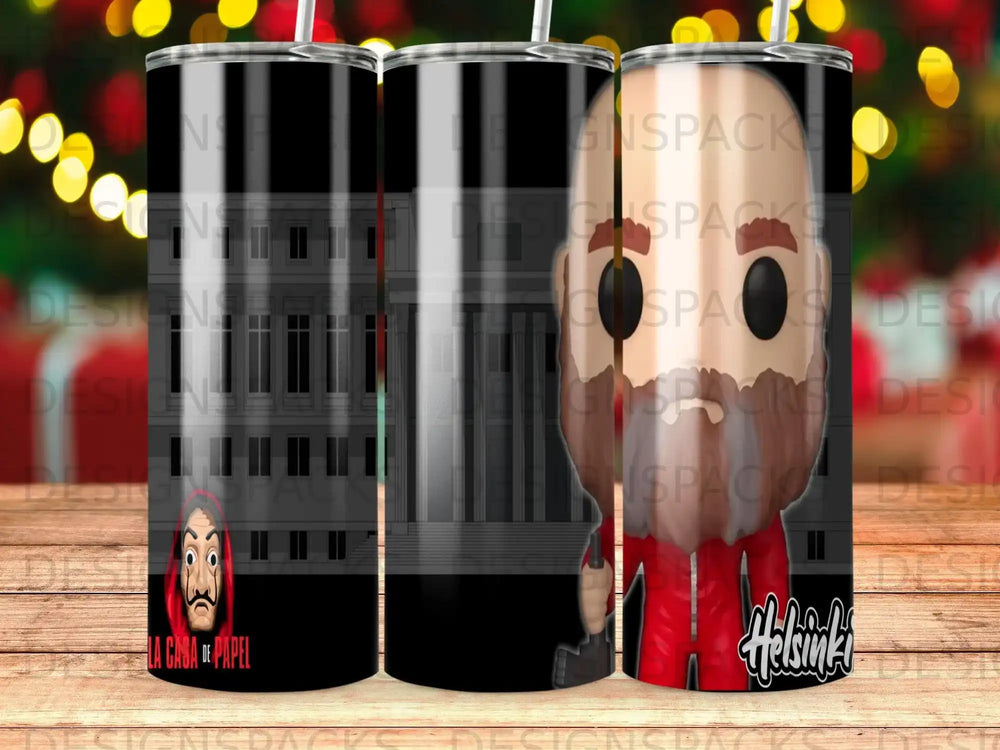 La Casa de Papel "Helsinki" tumbler with Professor character art and building background.