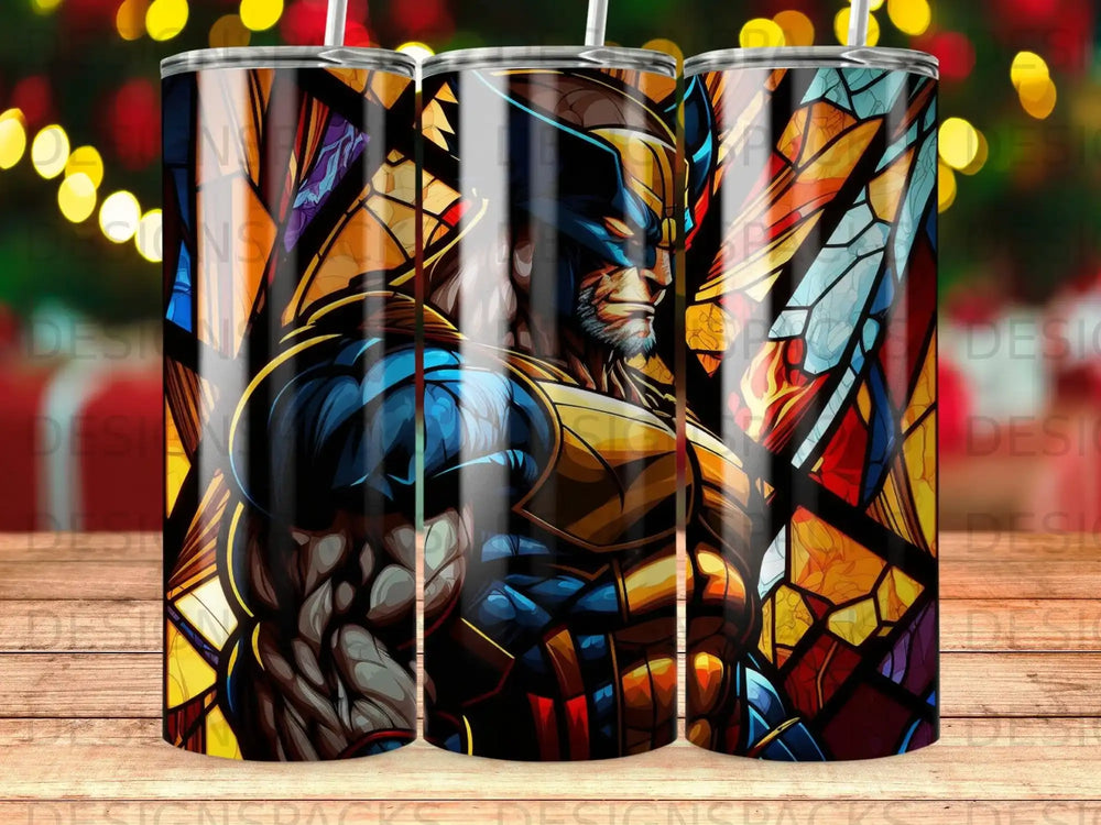 Wolverine Marvel superhero in stained glass style on a patterned tumbler.