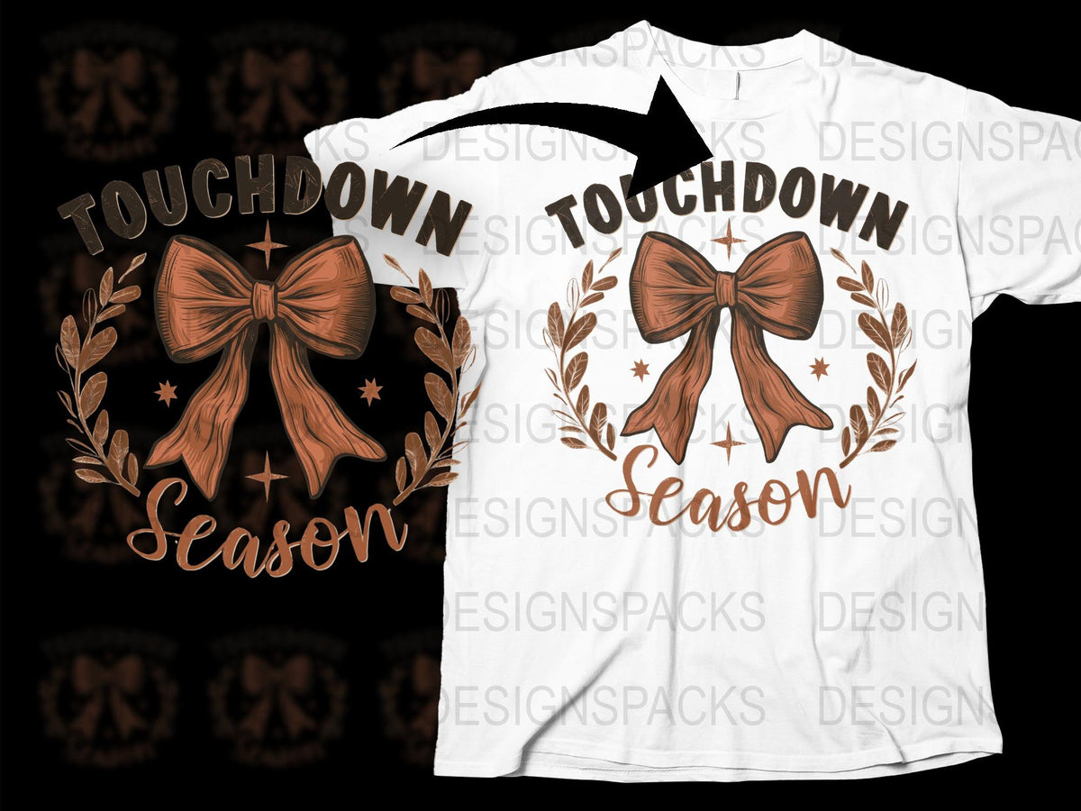 Touchdown Season Football T-Shirt, Autumn Bow Design, Fall Sports Fan Apparel, Unisex White Graphic Tee