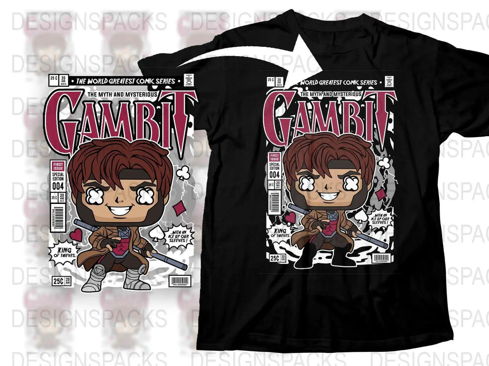 Gambit comic-style t-shirt design with chibi character, perfect for DTF/DTG printing