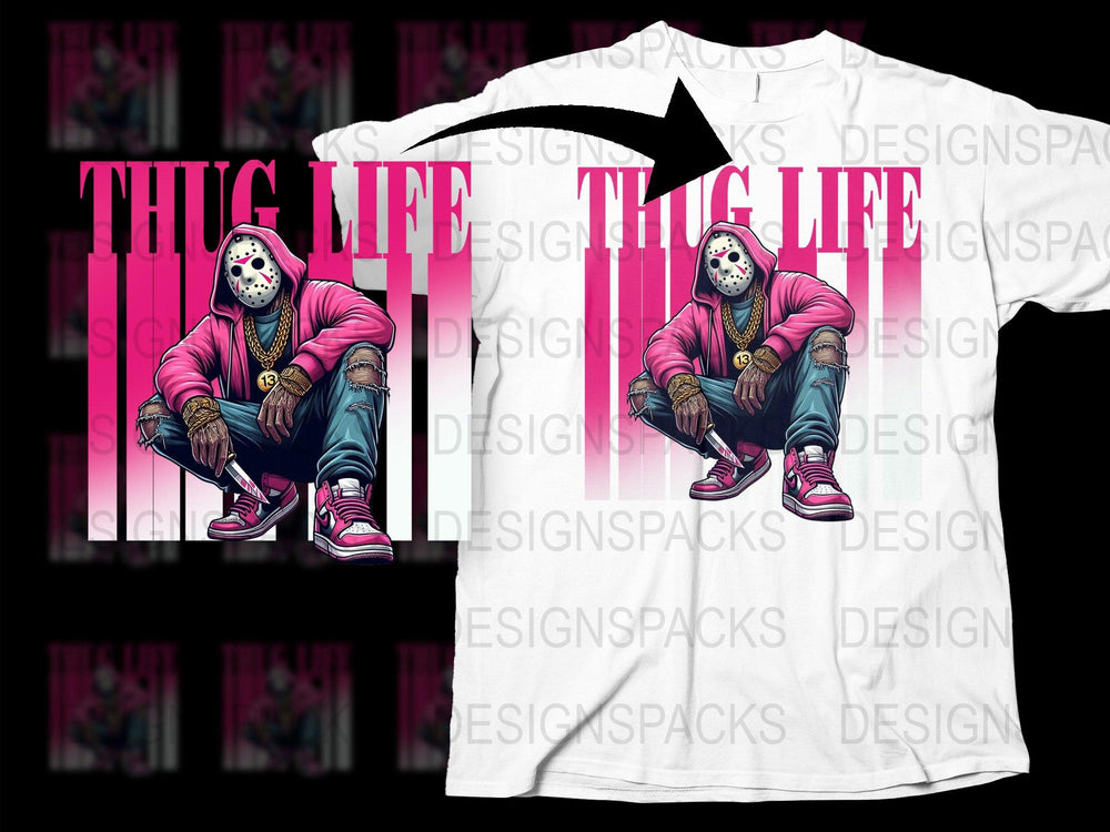Thug Life Graphic T-Shirt, Pink Urban Streetwear Tee, Hip Hop Style Shirt, Skull Mask Design, Men's Fashion Top