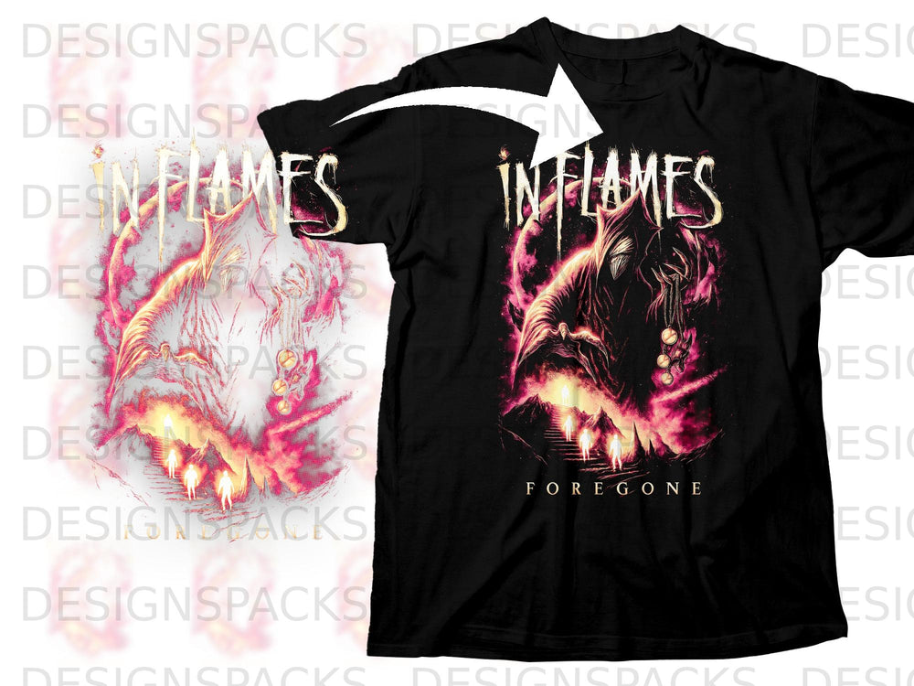 Black t-shirt with "In Flames" logo and "Foregone" text above a dark, fiery landscape.