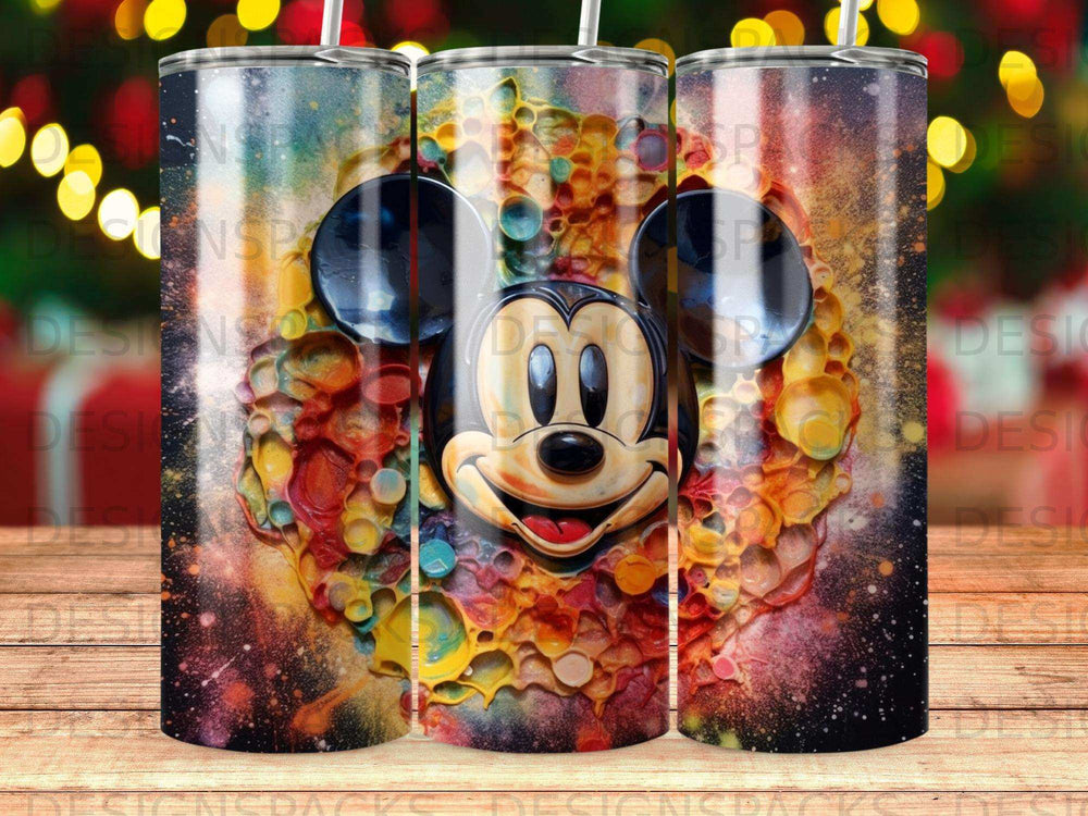 Mickey Mouse face with colorful, textured background.