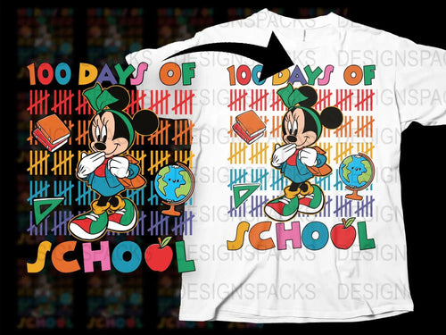 Mickey Mouse 100 Days of School t-shirt design with books, globe, and apple