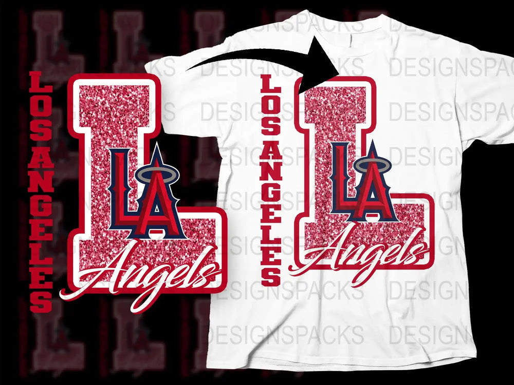 Los Angeles Angels glitter design on white t-shirt, perfect for DTF/DTG printing