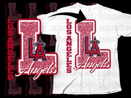 Los Angeles Angels glitter design on white t-shirt, perfect for DTF/DTG printing
