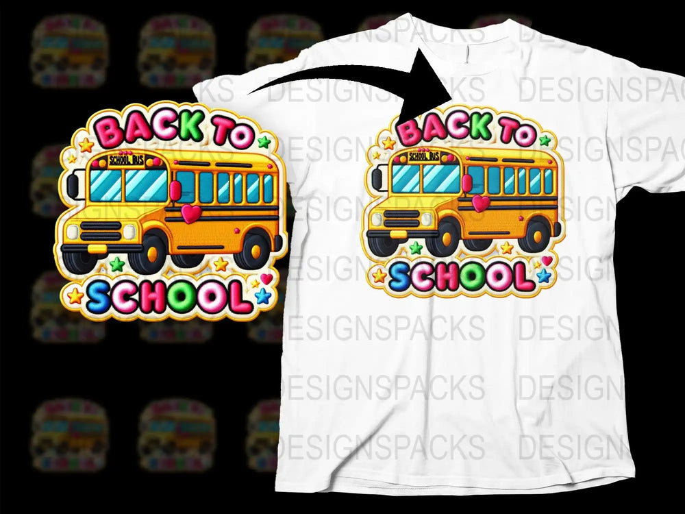 Back to School bus design on white t-shirt, colorful embroidery style with stars and hearts