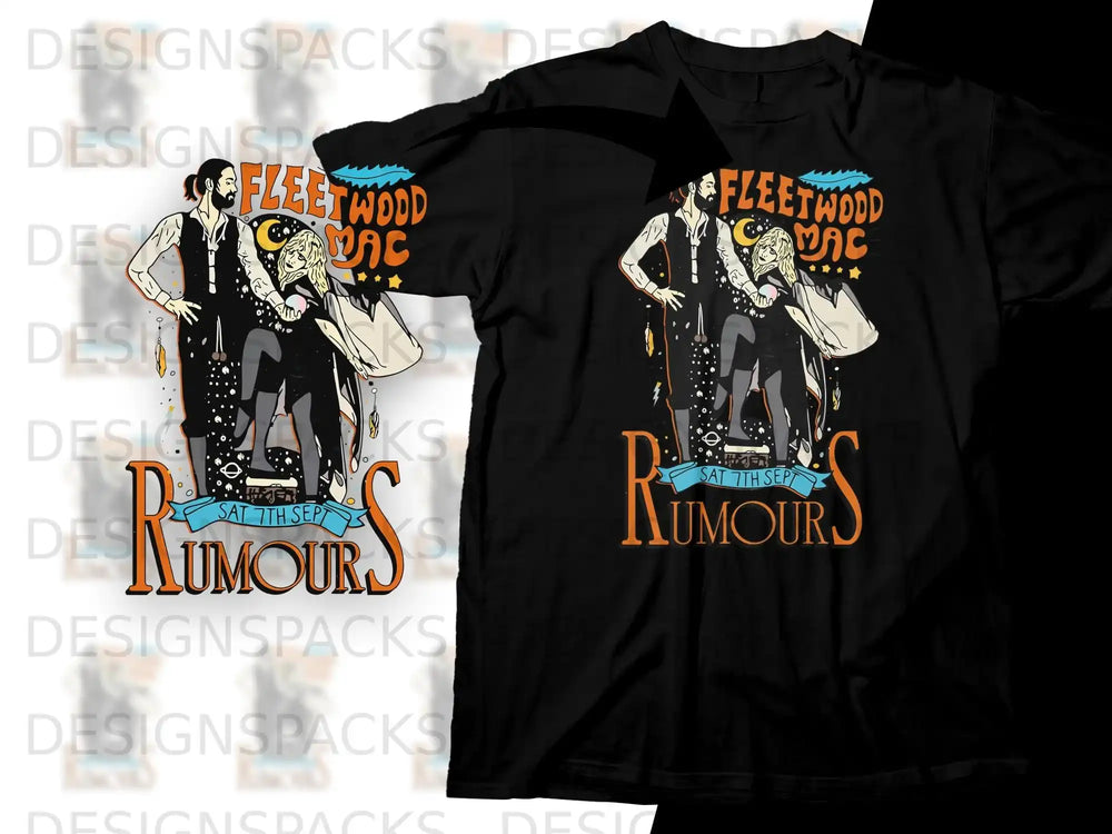 Fleetwood Mac Rumours t-shirt design with band illustration and date.