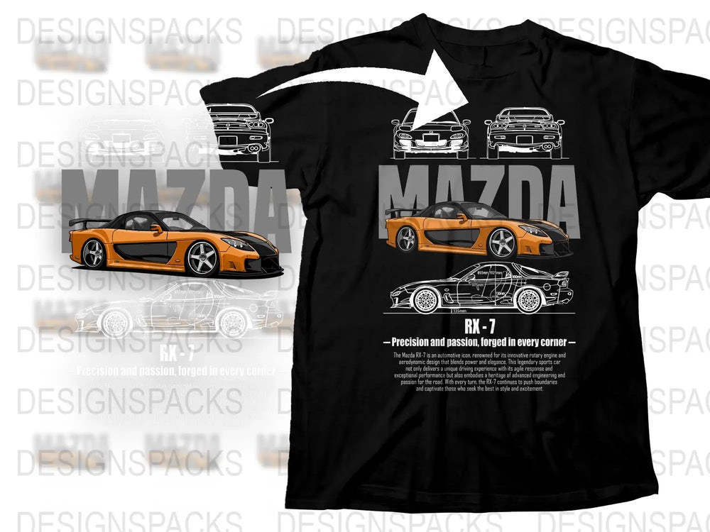Mazda RX-7 t-shirt design with car illustrations and specs, ideal for car enthusiasts and print-ready designs.