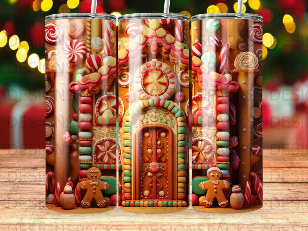 Gingerbread house decorated with candy, cookies, and frosting.
