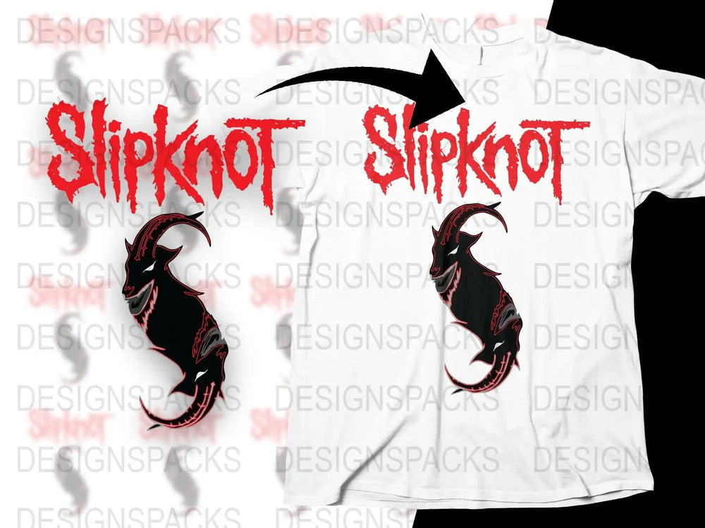 Slipknot band logo with red text and black goat design, print-ready for t-shirts, DTF/DTG compatible