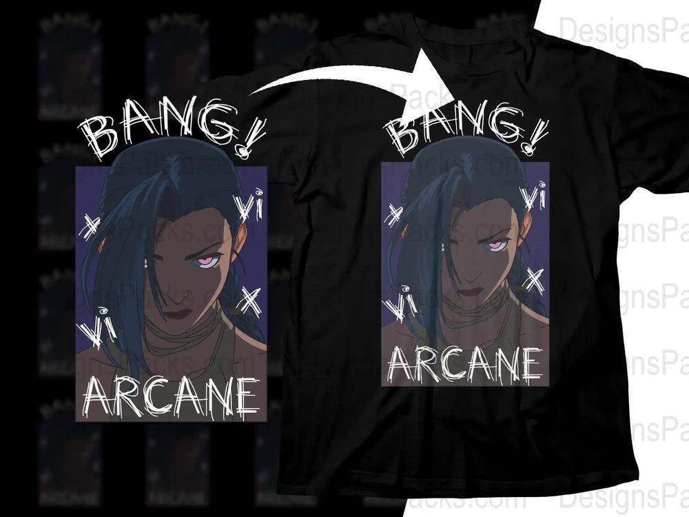 Arcane Vi t-shirt design with 'BANG!' text, print-ready for DTG/DTF, featuring anime-style artwork.