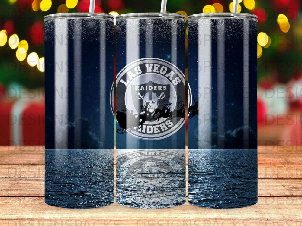 Las Vegas Raiders logo and name on a starry background reflected in water.