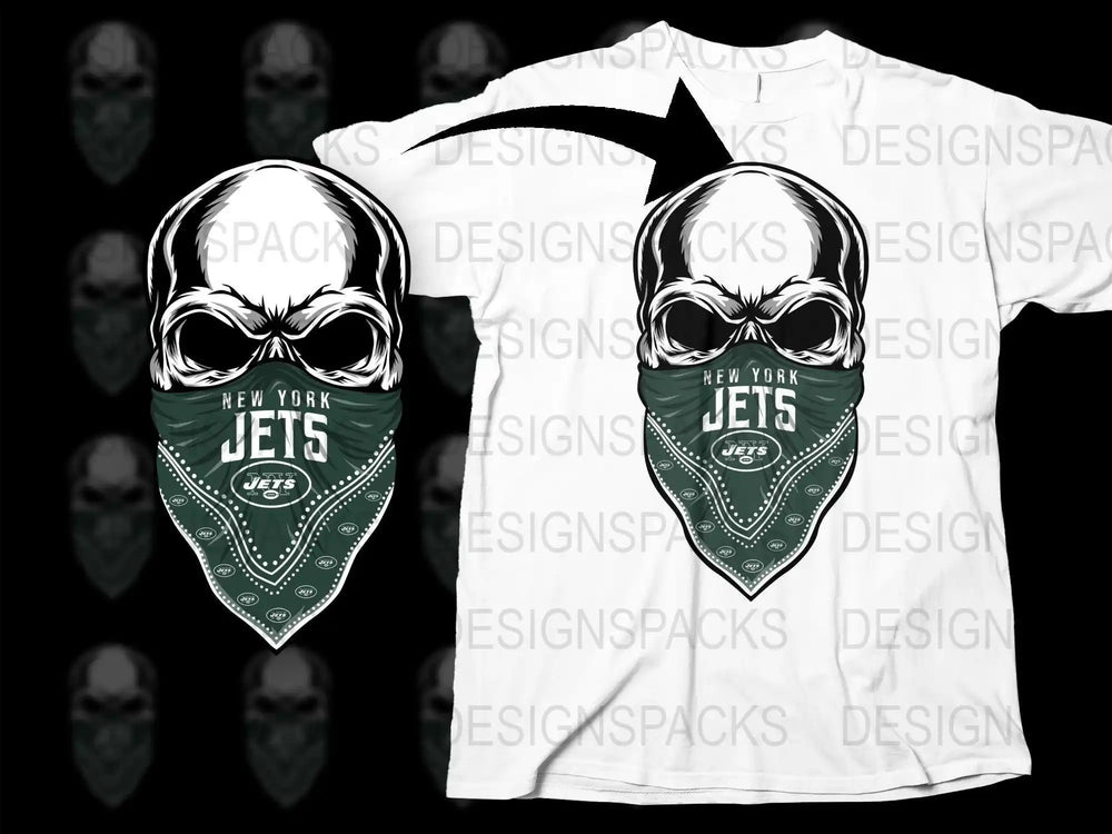 New York Jets skull bandana design for t-shirt, print-ready SVG/PNG, DTF/DTG compatible