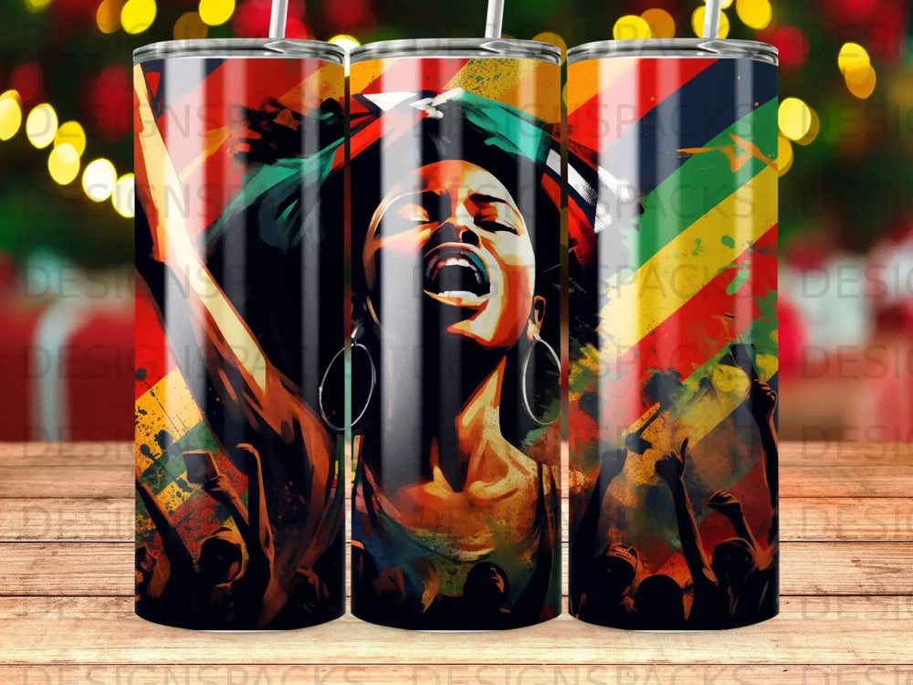 Woman with arms raised in celebration, colorful abstract background, crowd silhouettes.