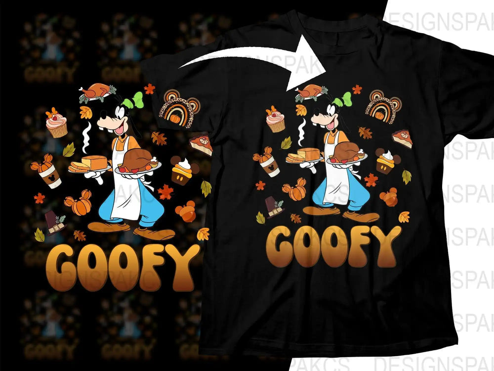 Goofy Thanksgiving t-shirt design with turkey, pie, and autumn leaves for DTF/DTG printing