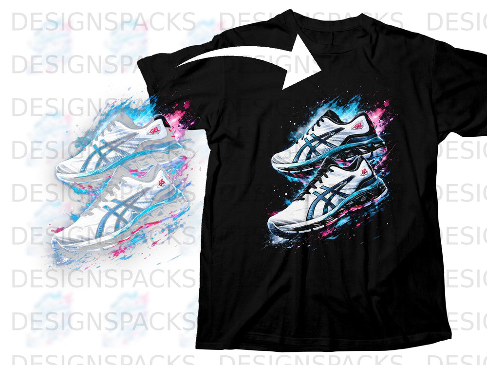 Black t-shirt with a graphic of two white and blue ASICS shoes with colorful paint splatters.